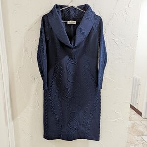 Amanda Uprichard stretchy Navy Blue Sweater Dress Midi Cowl Neck M 8 long Sleeve